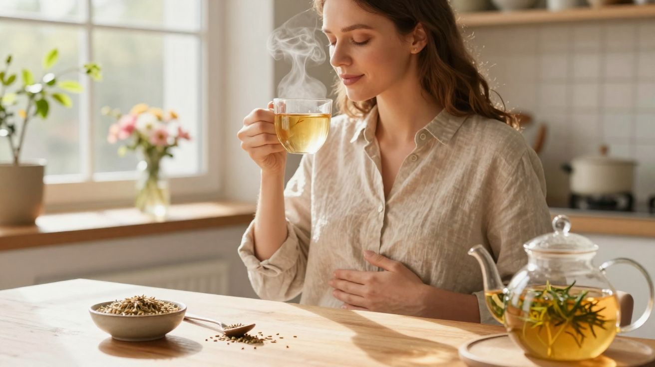 Mulher relaxa ao tomar chá quente num ambiente acolhedor e iluminado pela luz natural.