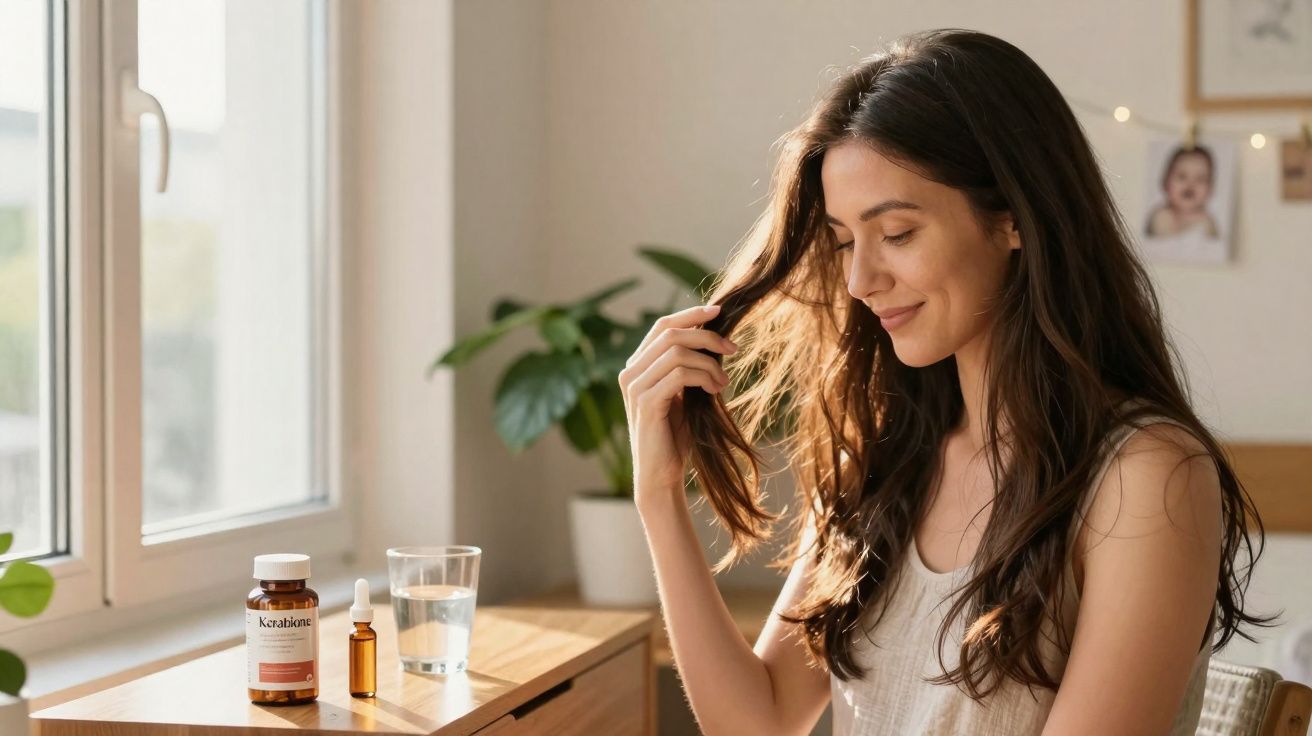 Mulher sorridente a mexer no cabelo junto a mesa com frascos de suplementos e um copo de água.