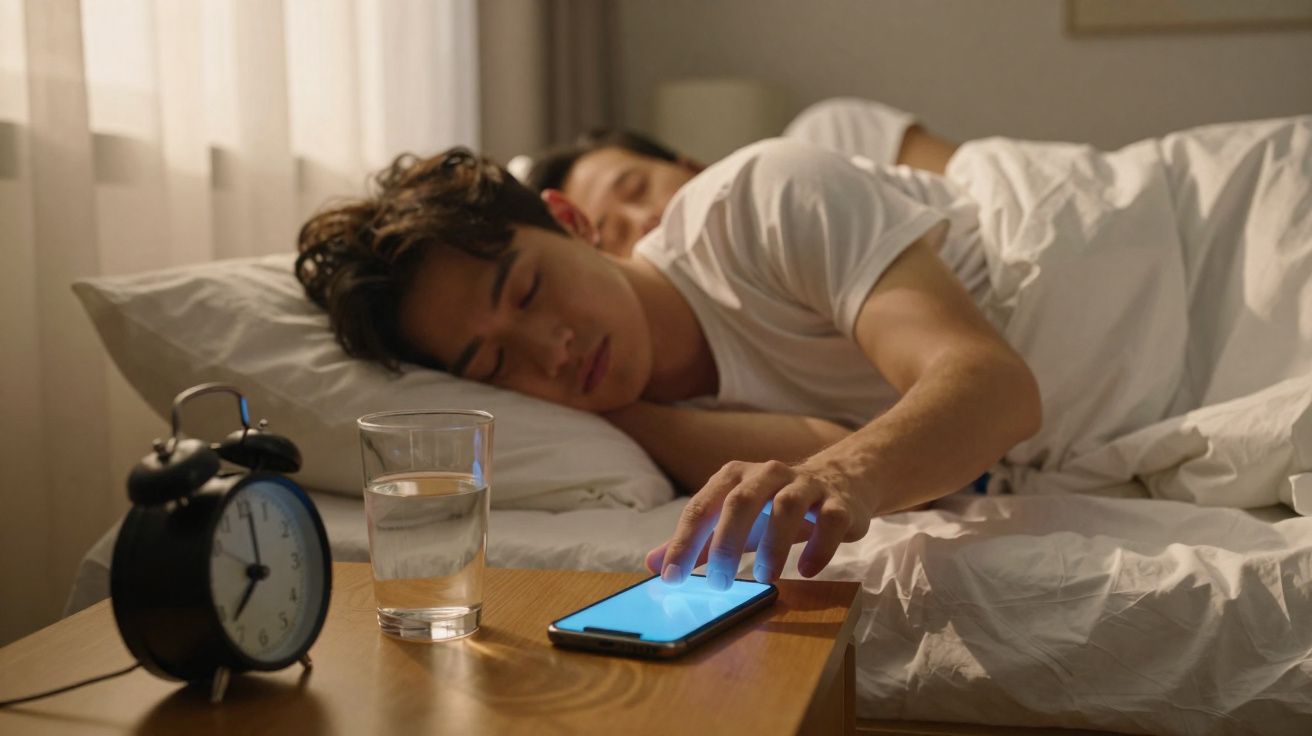 Homem a desligar o despertador no telemóvel enquanto está na cama com outra pessoa a dormir.