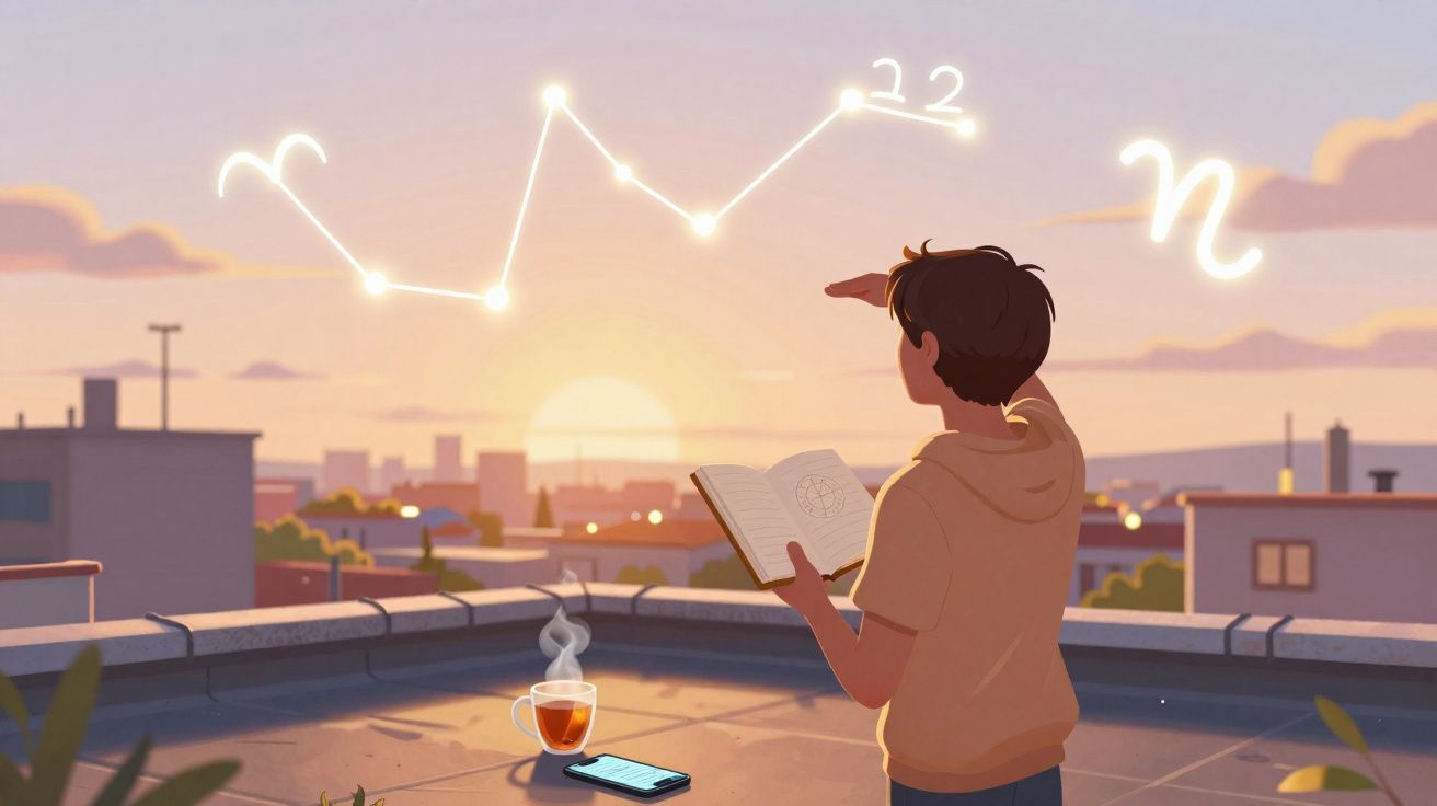 Pessoa a observar constelação com livro na mão ao pôr do sol numa varanda urbana.