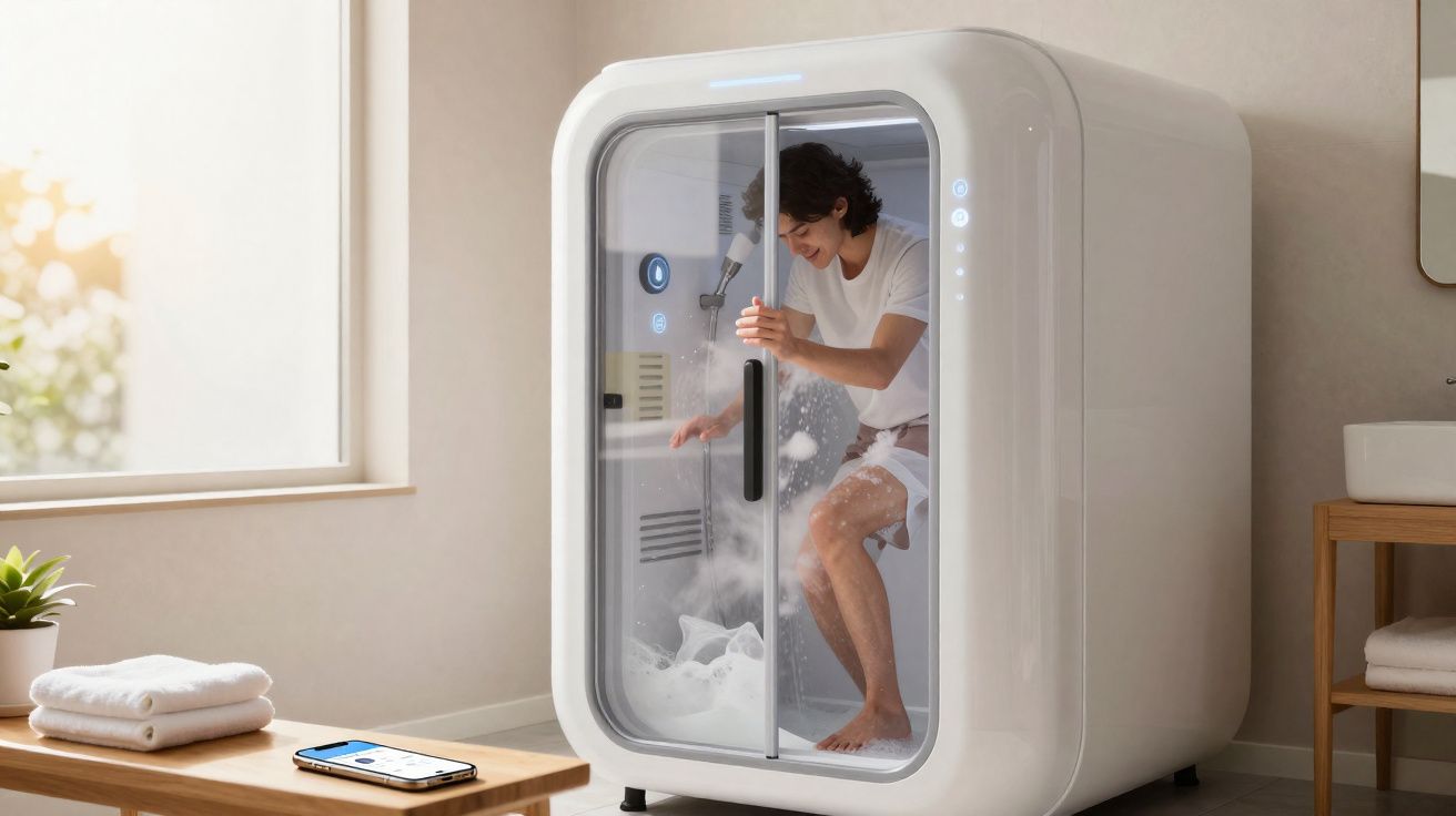 Pessoa dentro de cabine de banho futurista fazendo limpeza com espuma e chuveiro em casa moderna.