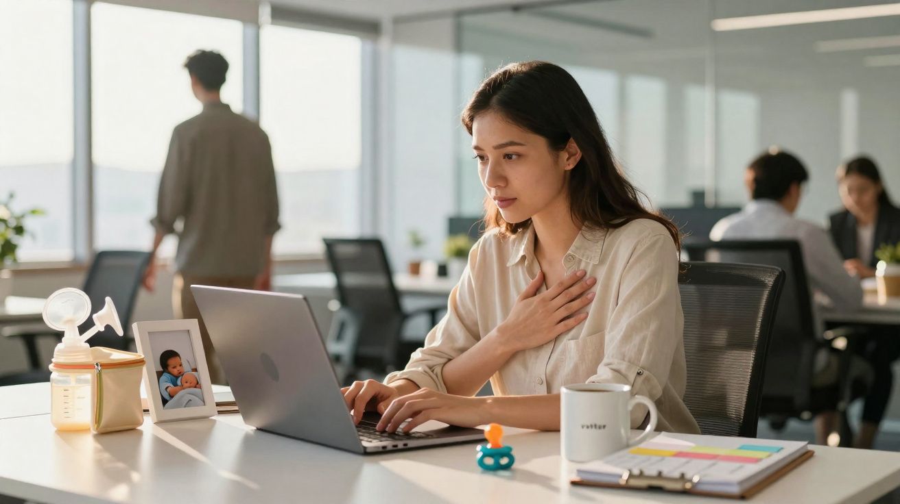 Mulher asiática a trabalhar num portátil num escritório com objetos pessoais e colegas ao fundo.
