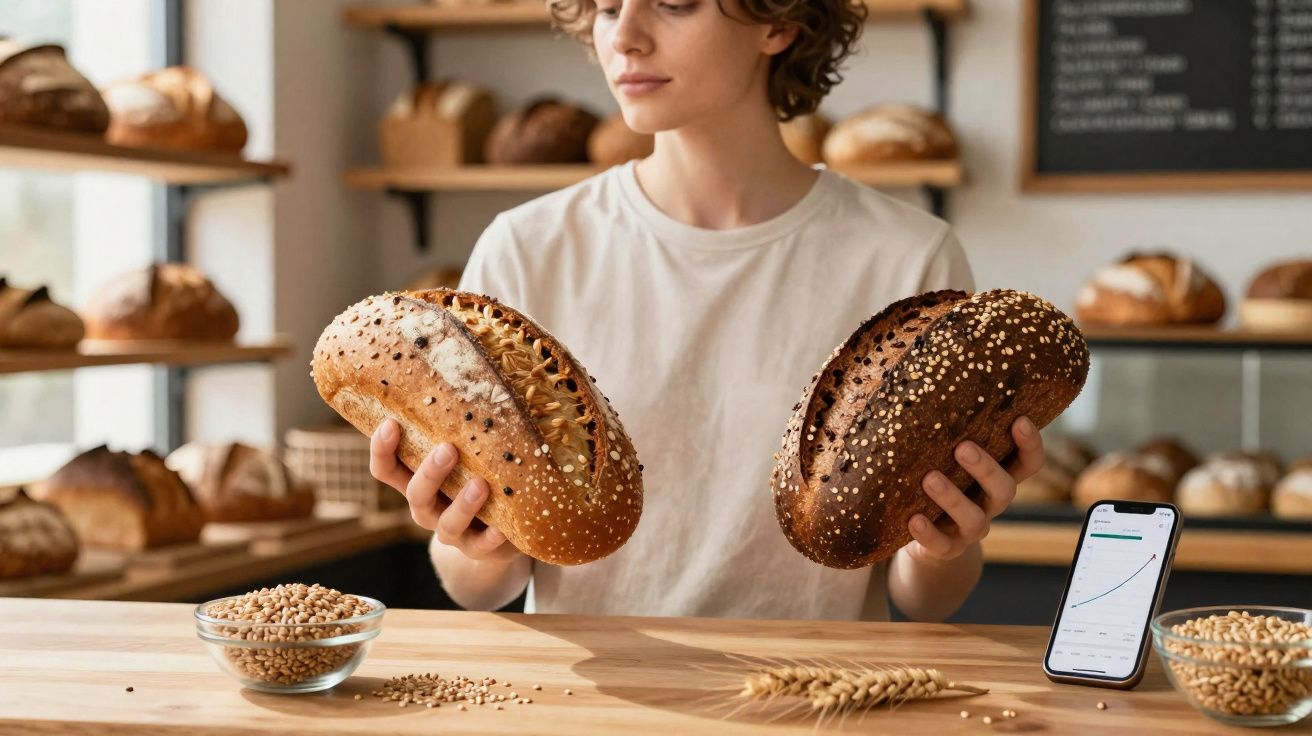 Pessoa a comparar dois pães artesanais numa padaria, com cereais e telemóvel na mesa.
