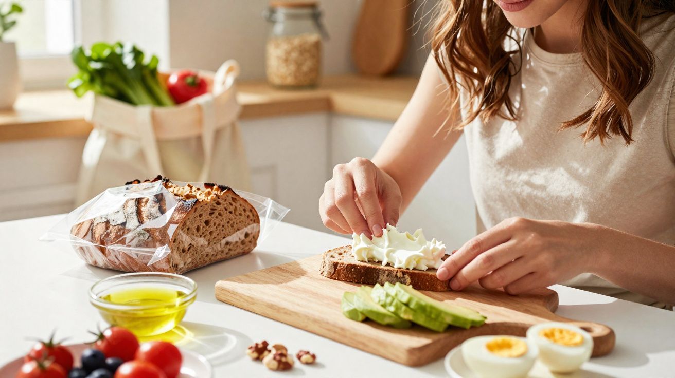Pessoa a barrar pão com pasta branca numa cozinha, com legumes, azeitonas e ovos cozidos na mesa.