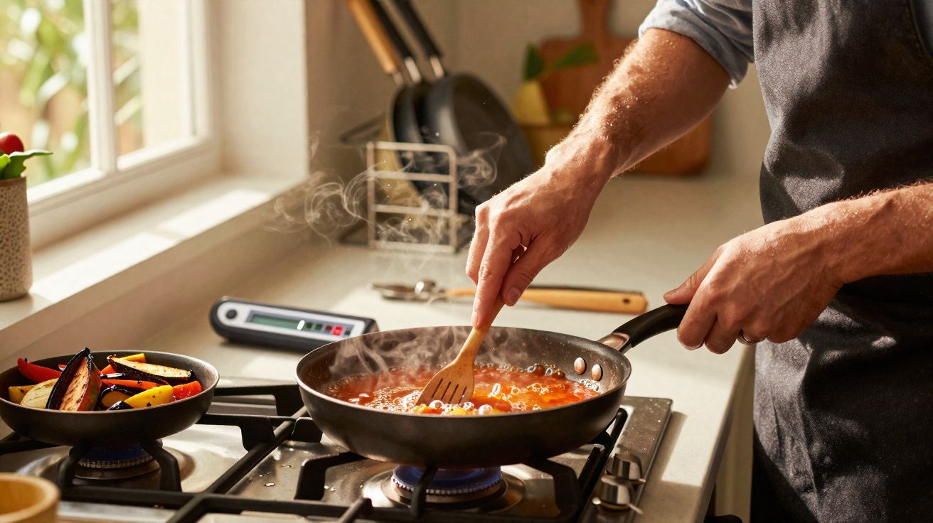 Pessoa a cozinhar molho vermelho numa frigideira no fogão a gás numa cozinha iluminada.