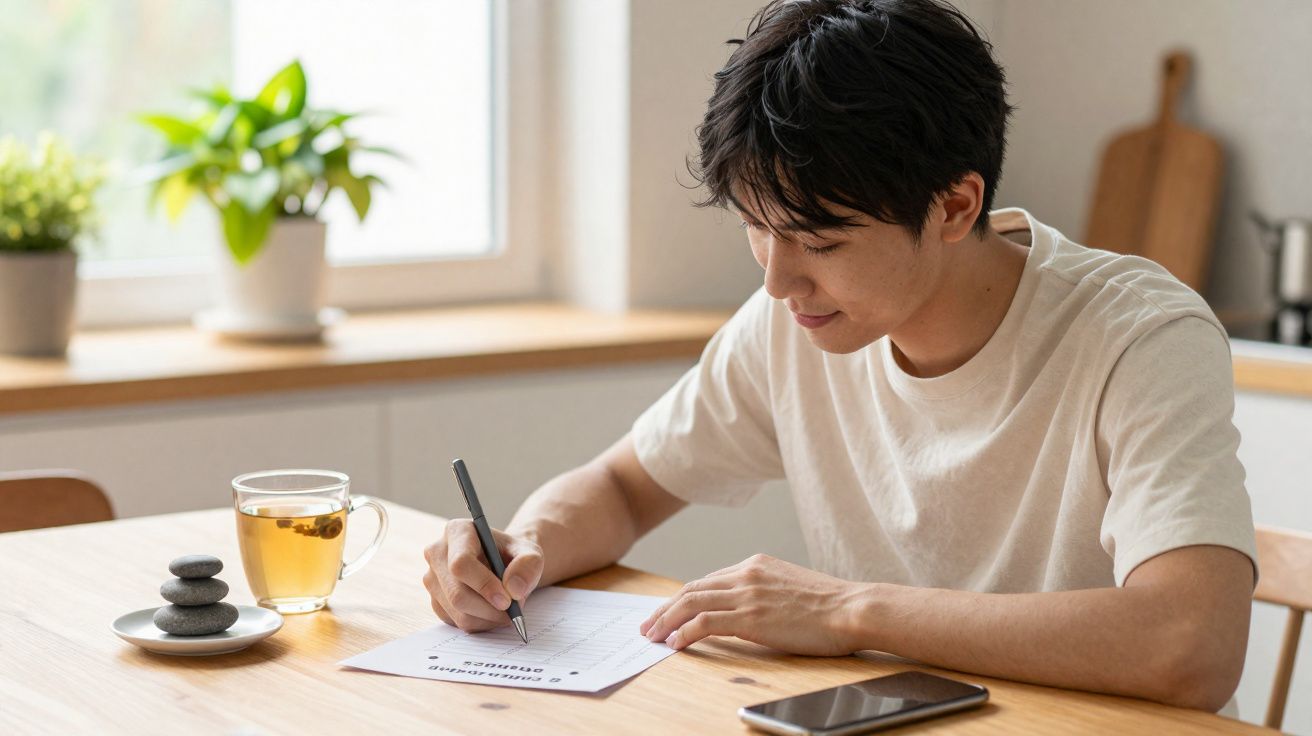 Jovem sentado à mesa a preencher papel, com chá, pedras decorativas e telemóvel numa cozinha luminosa.