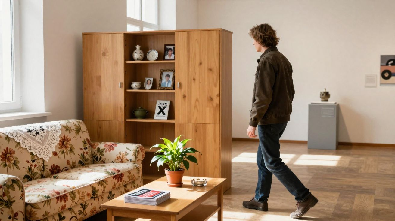 Homem a caminhar numa sala com sofá florido, mesa de madeira com planta e móvel rústico com objectos.