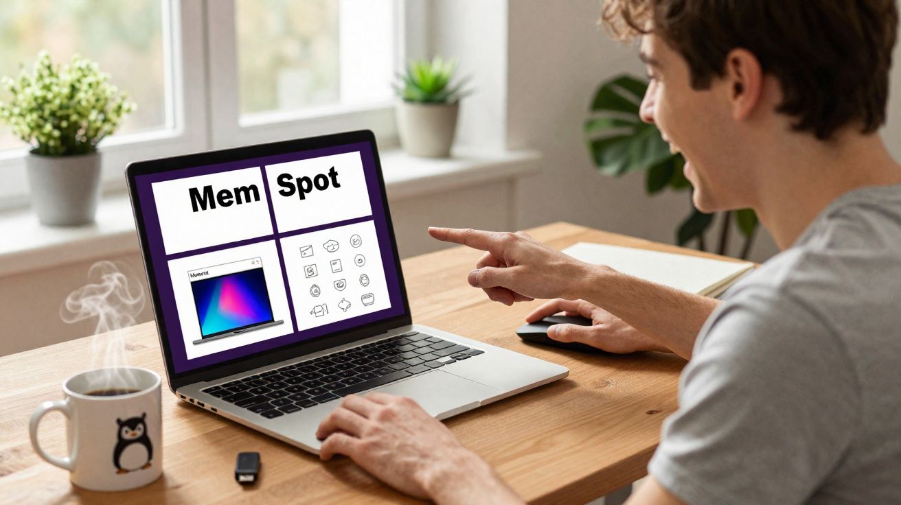 Pessoa a usar computador portátil numa secretária com caneca de café e plantas perto da janela.