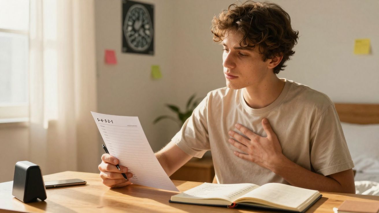 Jovem sentado à mesa a ler um papel, com um caderno aberto à sua frente e uma mão no peito.