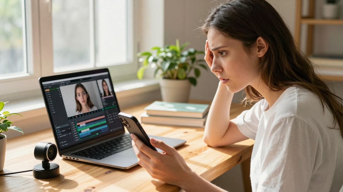 Mulher preocupada a olhar para o telemóvel enquanto trabalha num laptop, editando vídeo numa mesa com plantas.