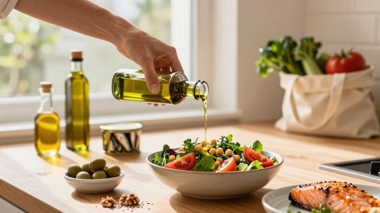 Mão a deitar azeite numa salada colorida com tomate, grão e folhas verdes numa cozinha iluminada.