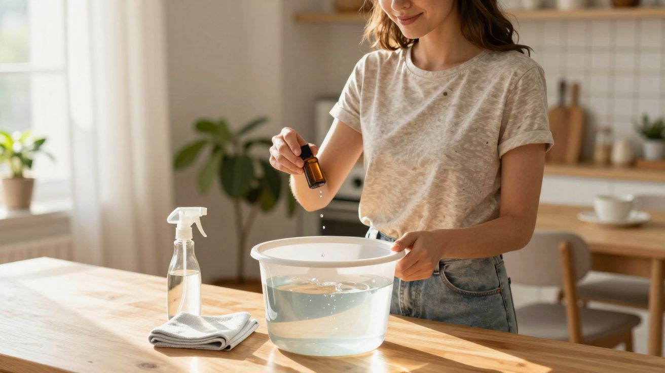 Mulher a colocar óleo essencial num recipiente com água numa cozinha luminosa e acolhedora.