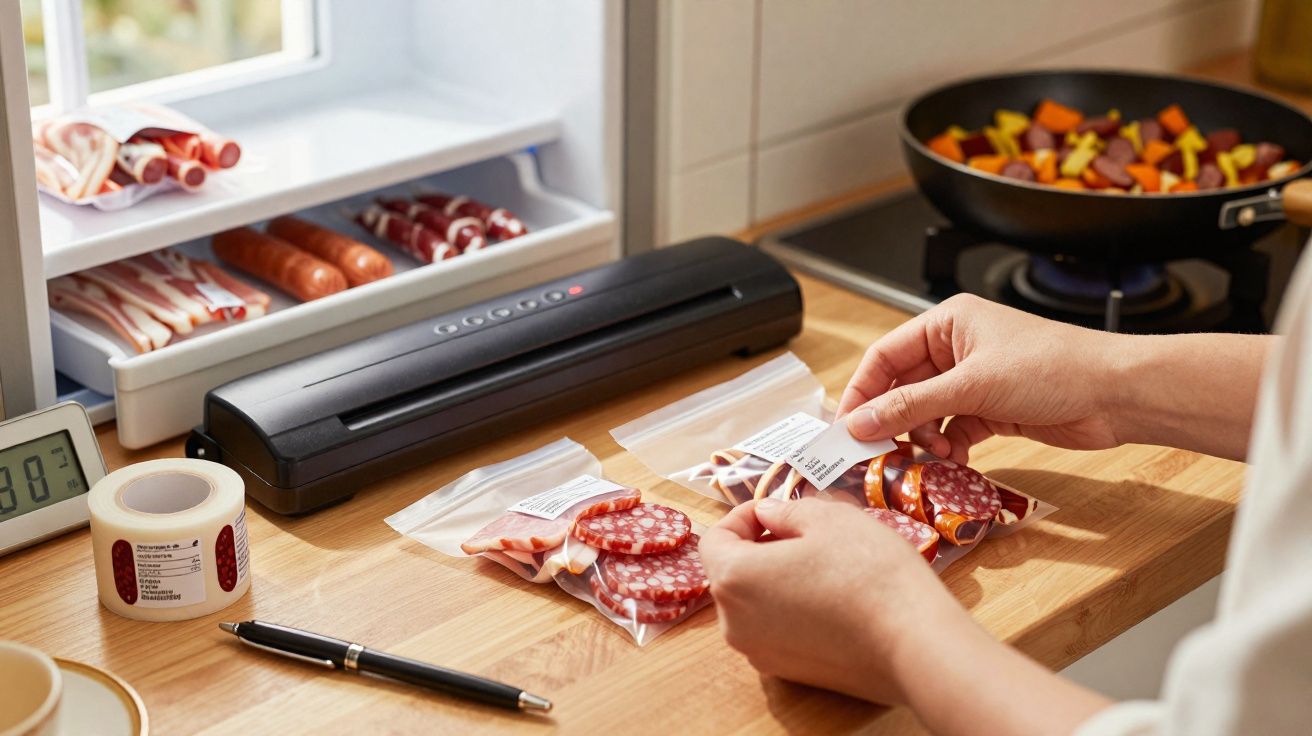Pessoa a etiquetar fiambre embalado a vácuo numa cozinha com chapas de carne e legumes ao fundo.