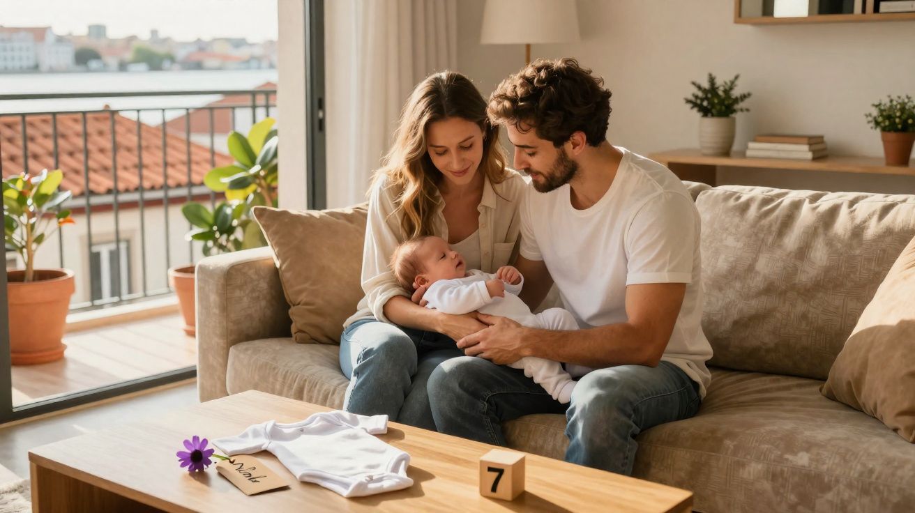 Pais sentados no sofá a olhar carinhosamente para o bebé que seguram no colo numa sala iluminada.