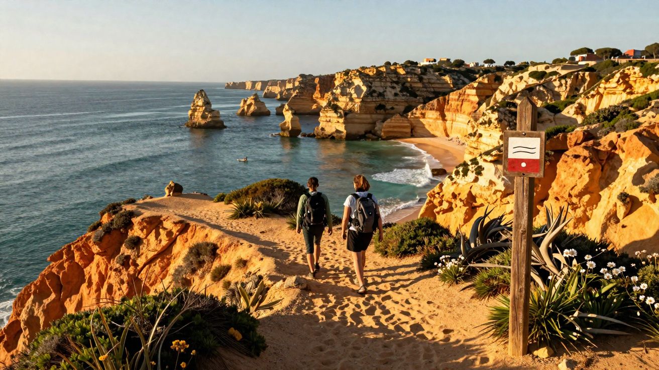 Duas pessoas com mochilas a caminhar numa trilha costeira junto ao mar e falésias douradas ao pôr do sol.