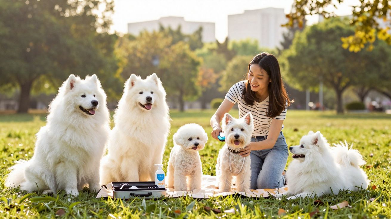 Mulher sorridente com cinco cães brancos sentados num parque ensolarado sobre um cobertor.