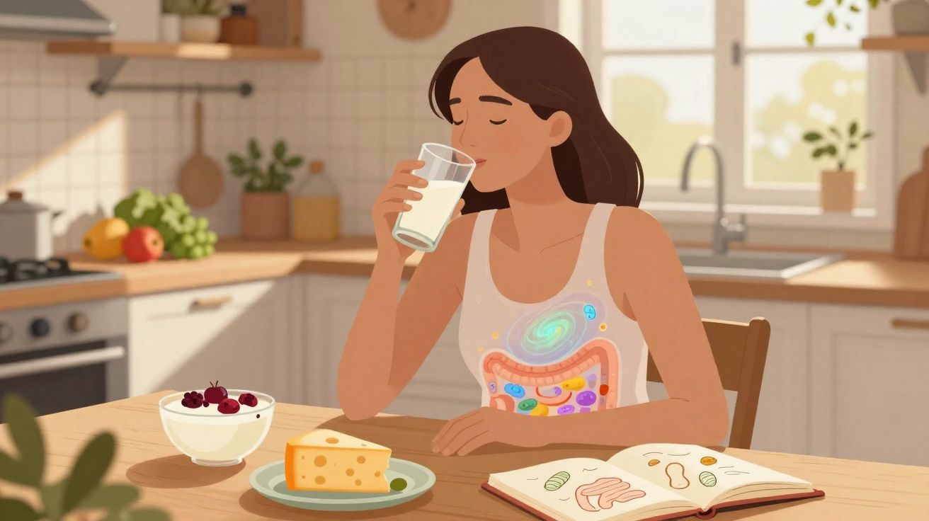 Mulher sentada a beber leite na cozinha, com ilustração do sistema digestivo visível na sua roupa.
