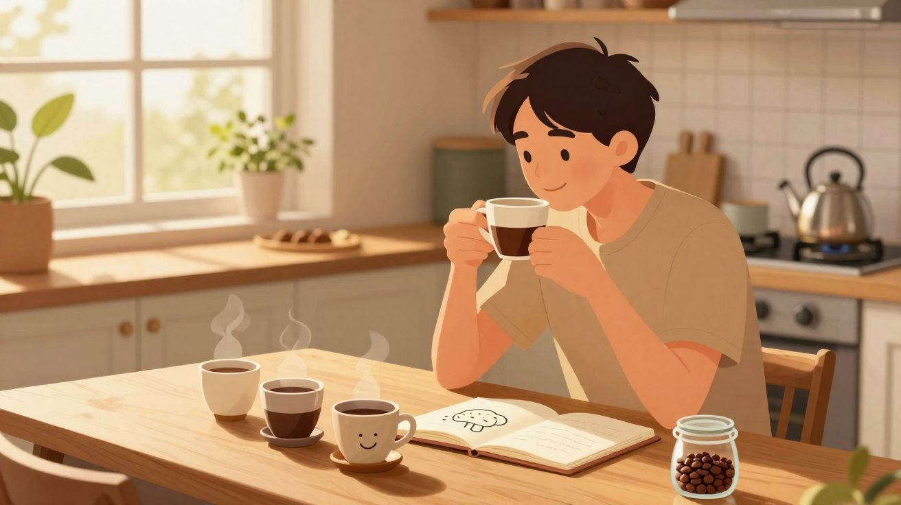 Pessoa a apreciar chá ou café quente numa cozinha iluminada, com três chávenas fumegantes e livro aberto na mesa.