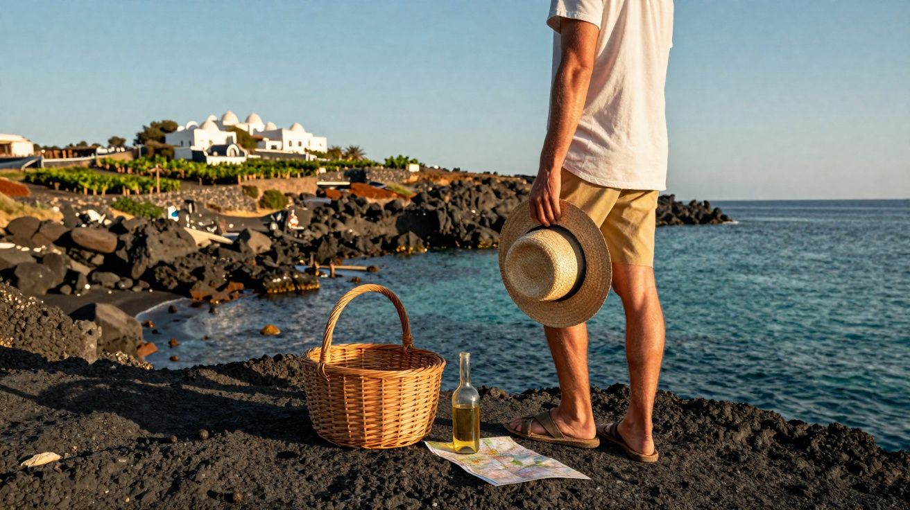 Homem de pé com chapéu na mão junto a cesta, mapa e garrafa, olhando para o mar numa costa rochosa ao pôr do sol.