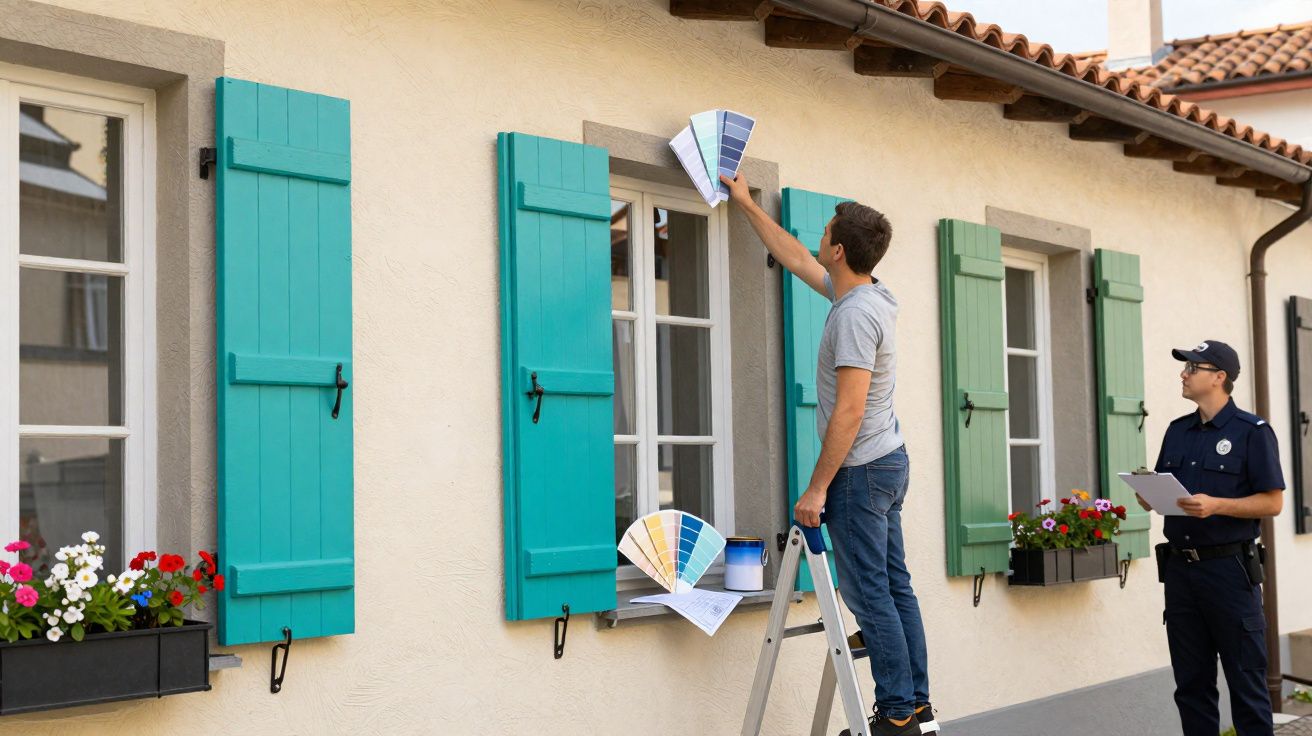 Homem numa escada a escolher cores para pintar janelas de uma casa, com polícia a observar e anotar.