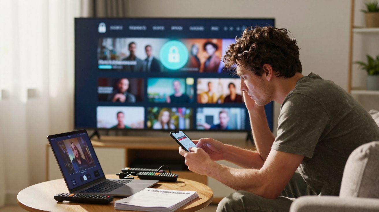 Homem sentado em sala a usar telemóvel, com portátil em videochamada e televisão ligada ao fundo.