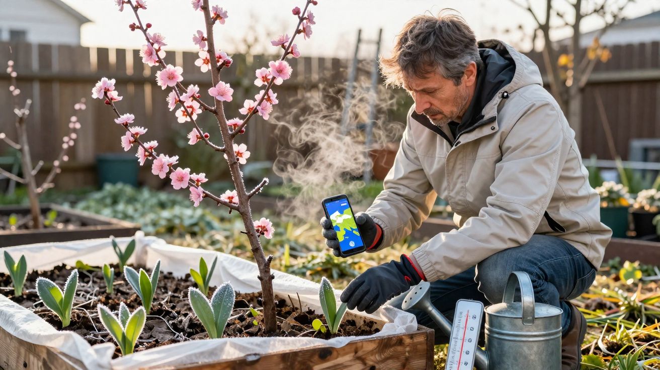 Homem cuida de plantas numa horta com bandeja de madeira e consulta aplicação no telemóvel.