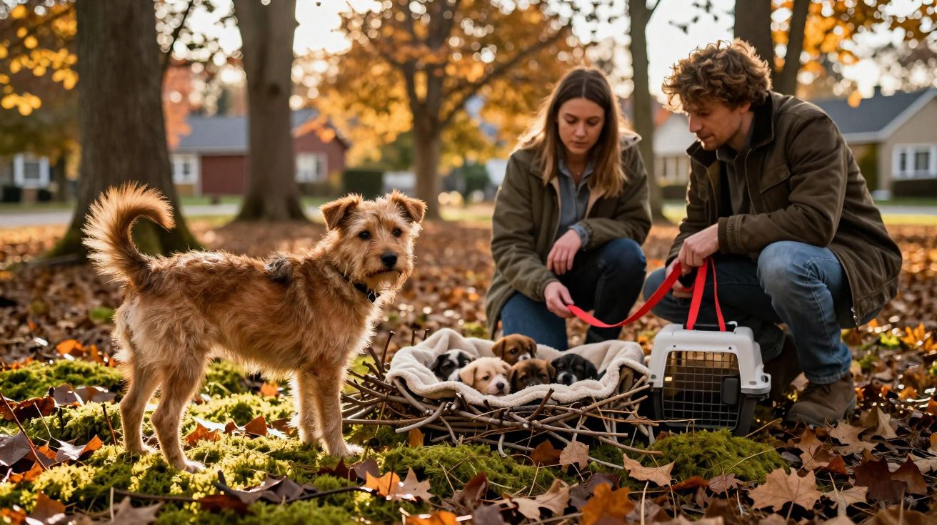 Casal observa cinco cachorros numa cesta ao ar livre enquanto um cão adulto está em pé numa zona de folhas caídas.