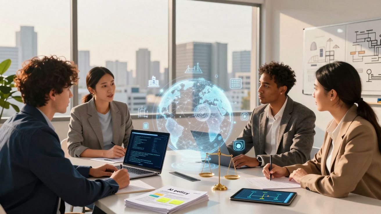 Quatro profissionais em reunião com laptop, tablet, documentos e globo digital holográfico numa sala moderna.