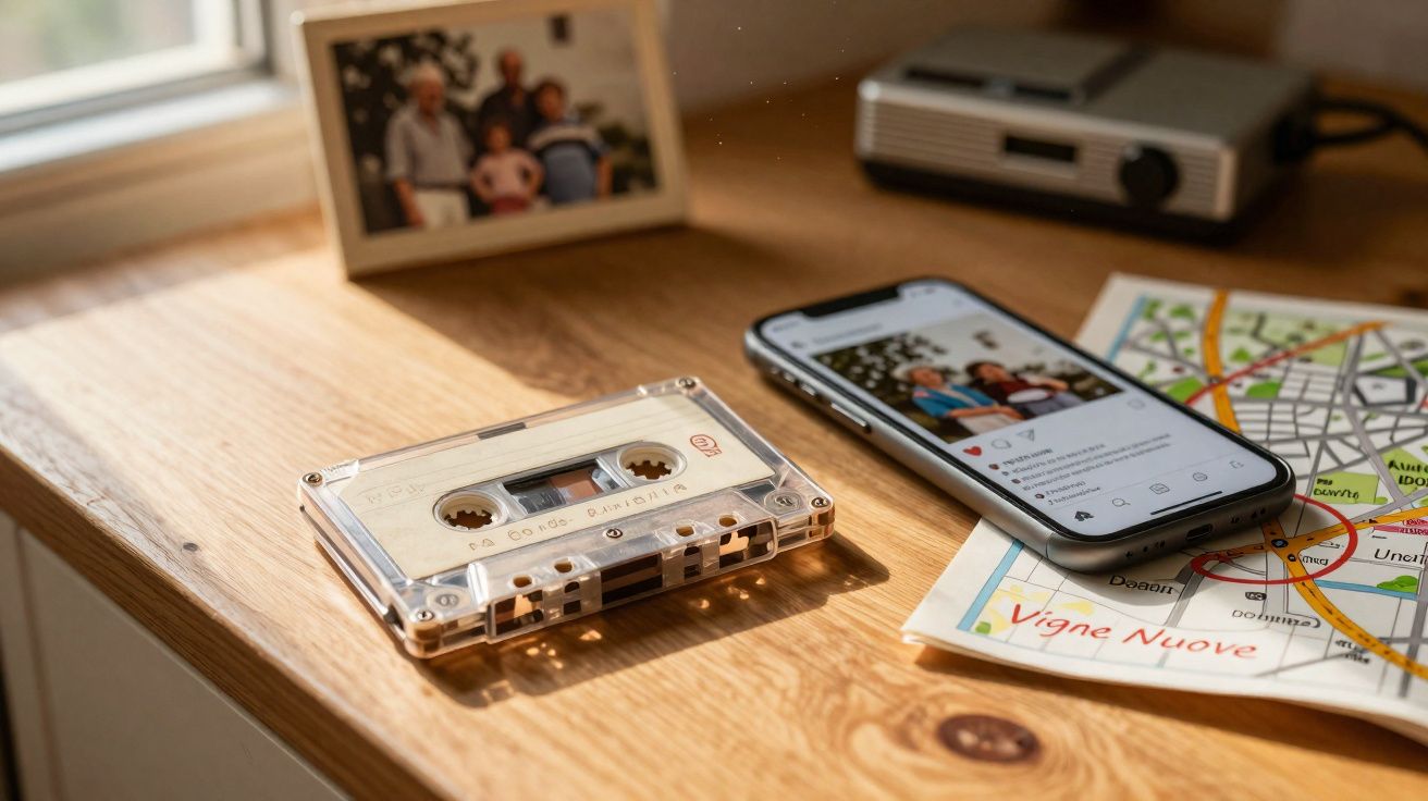 Cassete vintage, smartphone com foto de família e mapa sobre mesa de madeira iluminada pelo sol.