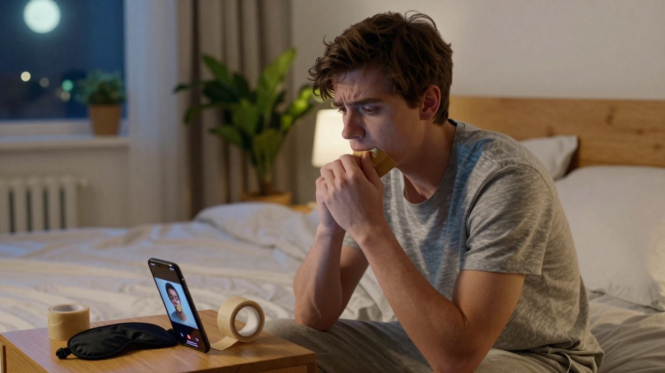Homem preocupado numa videochamada noturna, sentado na cama e mordendo uma fita adesiva.