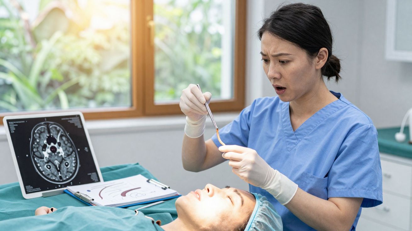 Médica em uniforme azul analisa amostra enquanto paciente está deitado para exame num consultório luminoso.