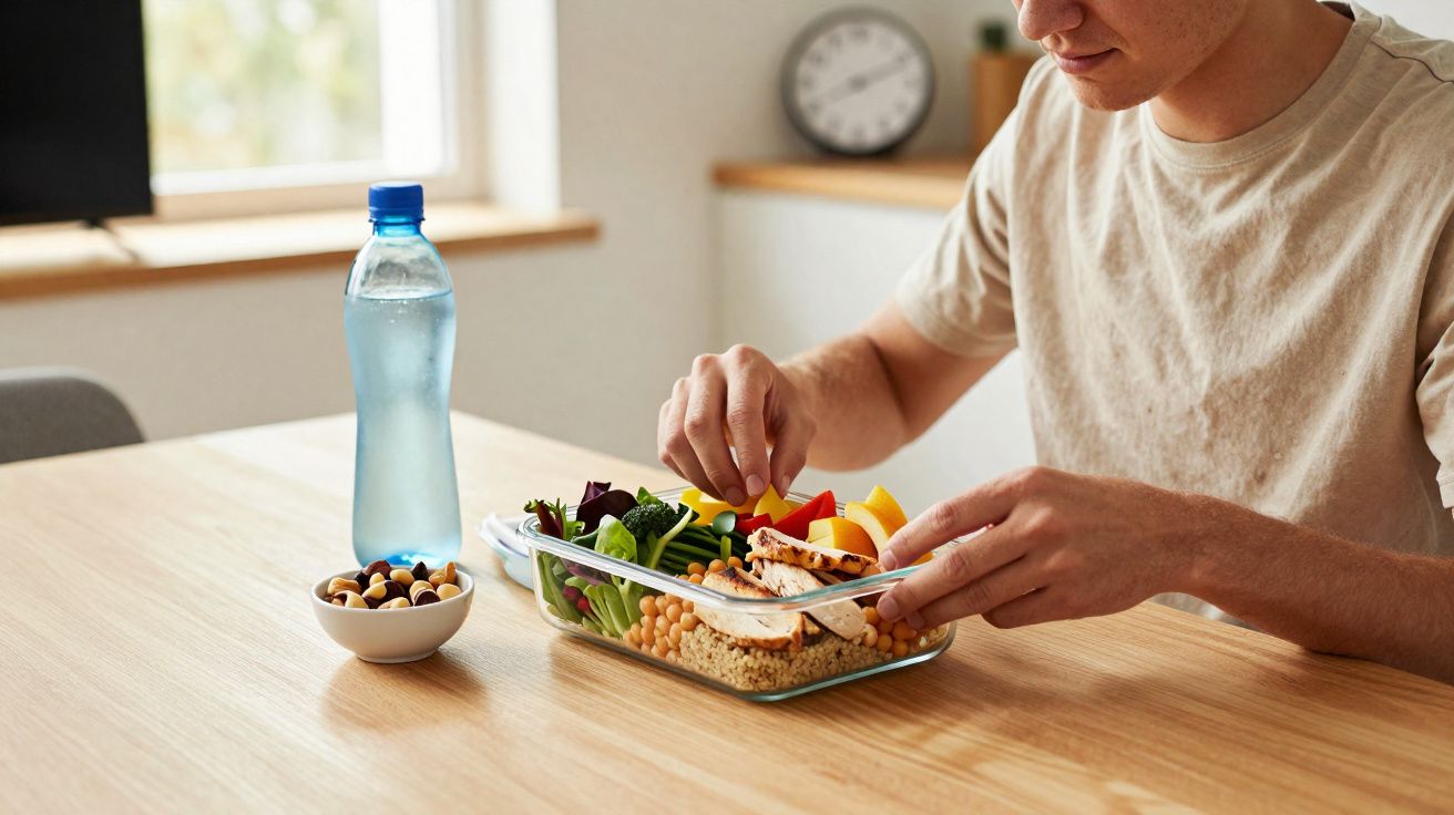 Pessoa a preparar salada saudável com vegetais e grão-de-bico, garrafa de água e nozes na mesa de madeira.