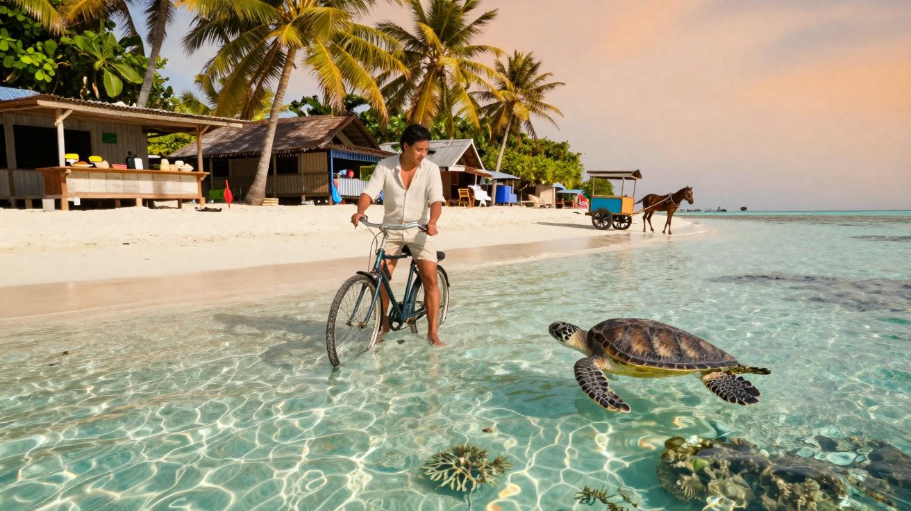 Homem de bicicleta na água rasa junto a uma tartaruga marinha com palmeiras e cabanas ao fundo na praia.