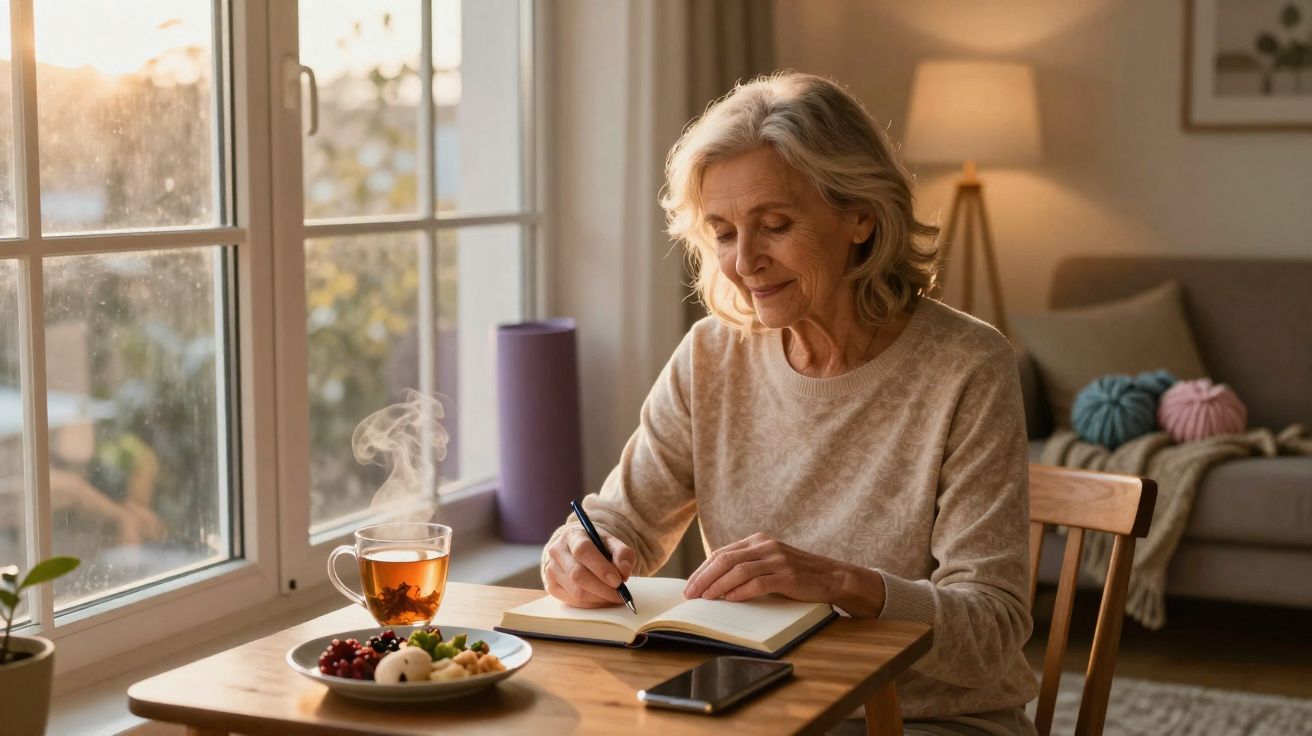 Mulher sénior escrevendo num caderno sentada perto de uma janela com chá e comida na mesa.