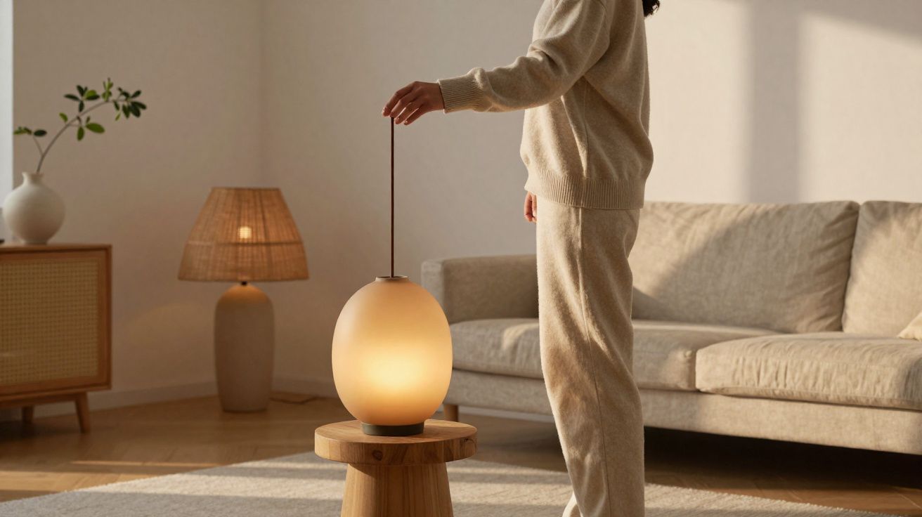 Pessoa a ligar candeeiro de design oval num ambiente acolhedor e minimalista com sofá bege.