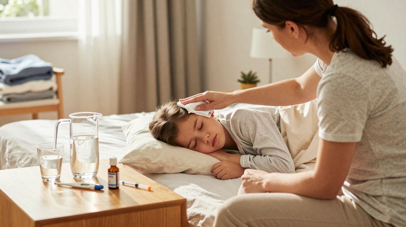 Mulher a cuidar de criança deitada doente na cama, medindo a febre com toalha na testa.