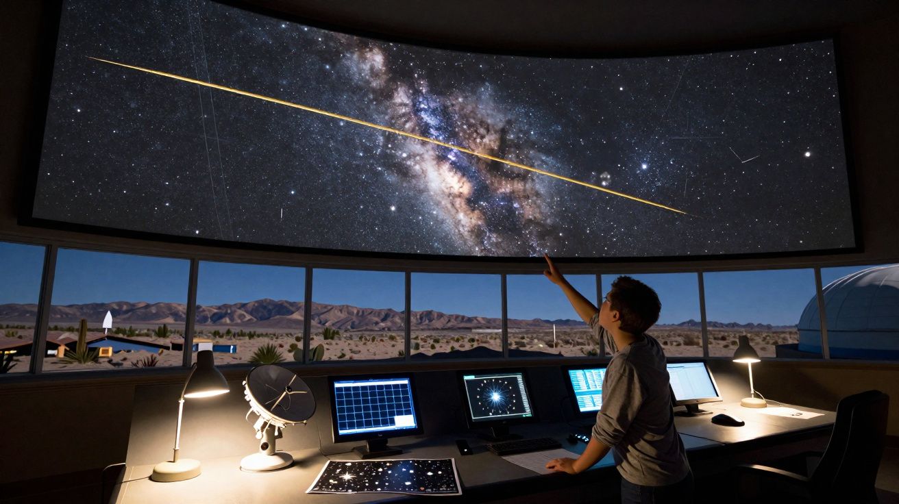 Pessoa num observatório a apontar para uma projeção da Via Láctea com uma linha brilhante no céu noturno.