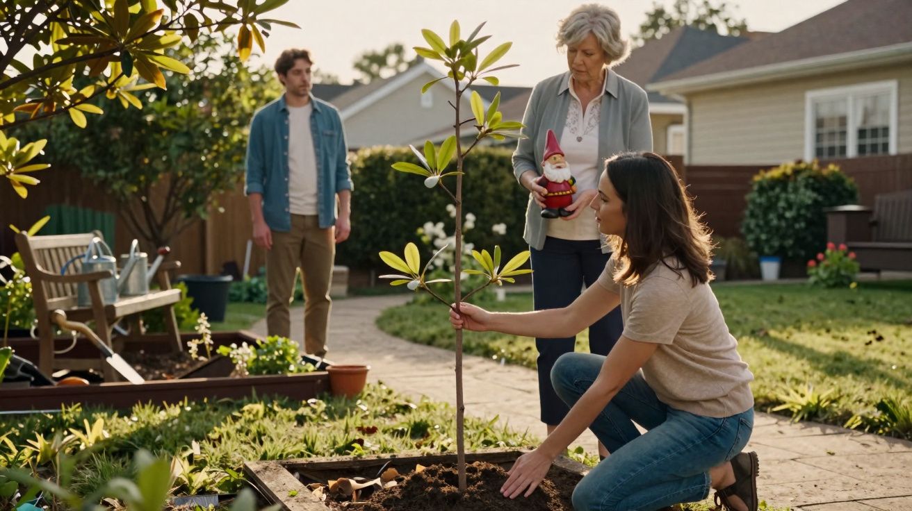 Pessoa jovem a plantar uma árvore enquanto outras duas pessoas observam num jardim ensolarado.