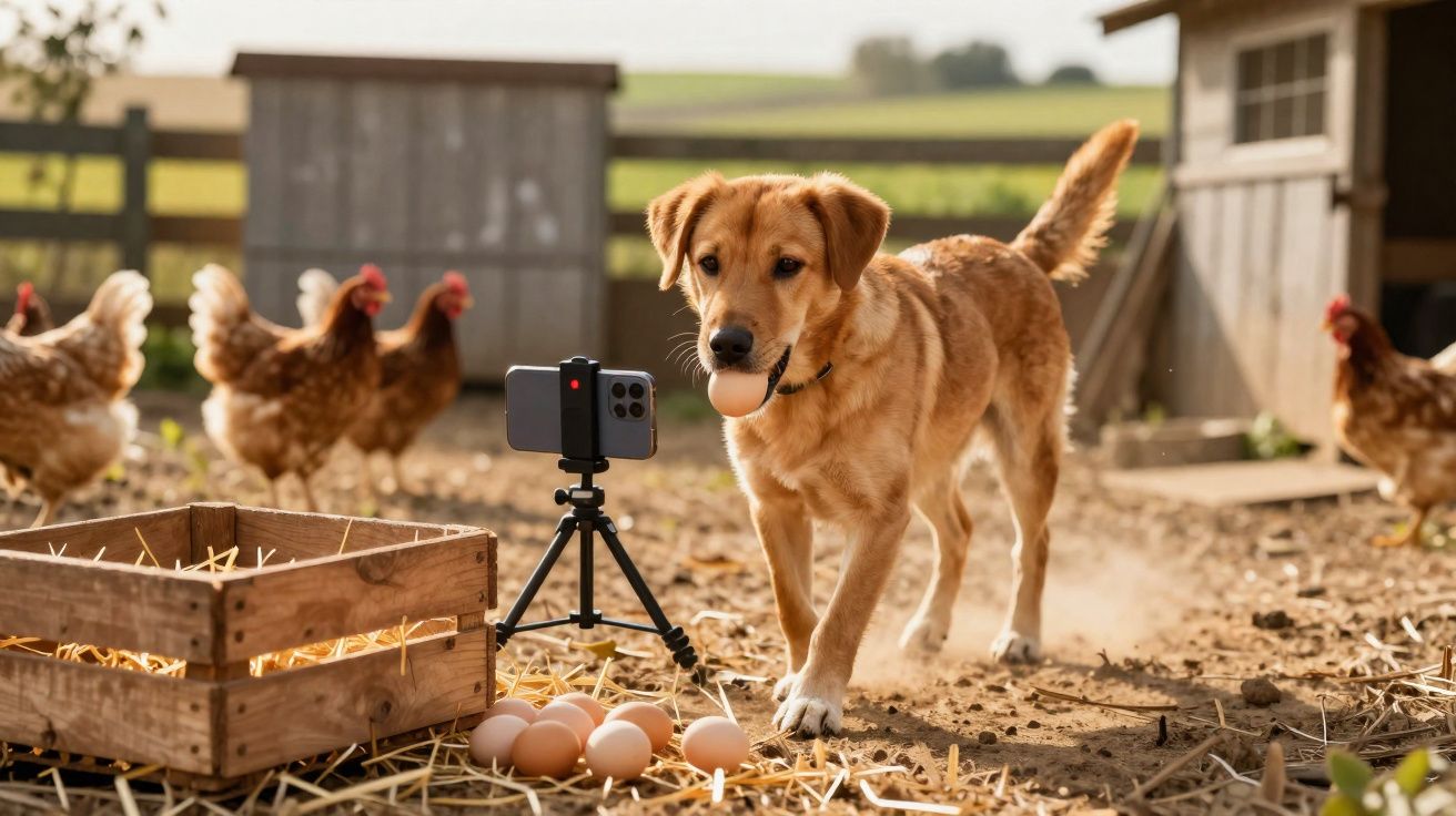 Cão a segurar um ovo na boca num galinheiro com galinhas, ovos e um tripé com telemóvel.