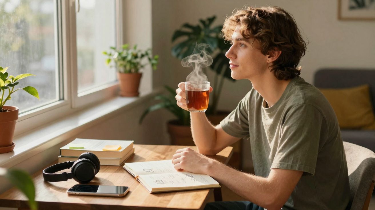 Jovem sentado numa mesa junto à janela a beber chá quente enquanto olha para fora, rodeado de livros e objetos.