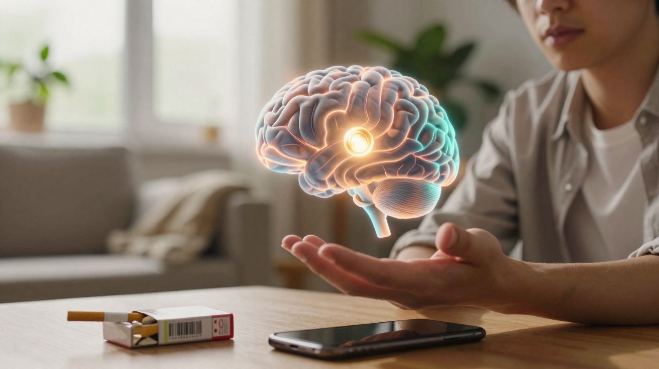 Pessoa segurando ícone digital de cérebro brilhante com maço de cigarros e telemóvel numa mesa.
