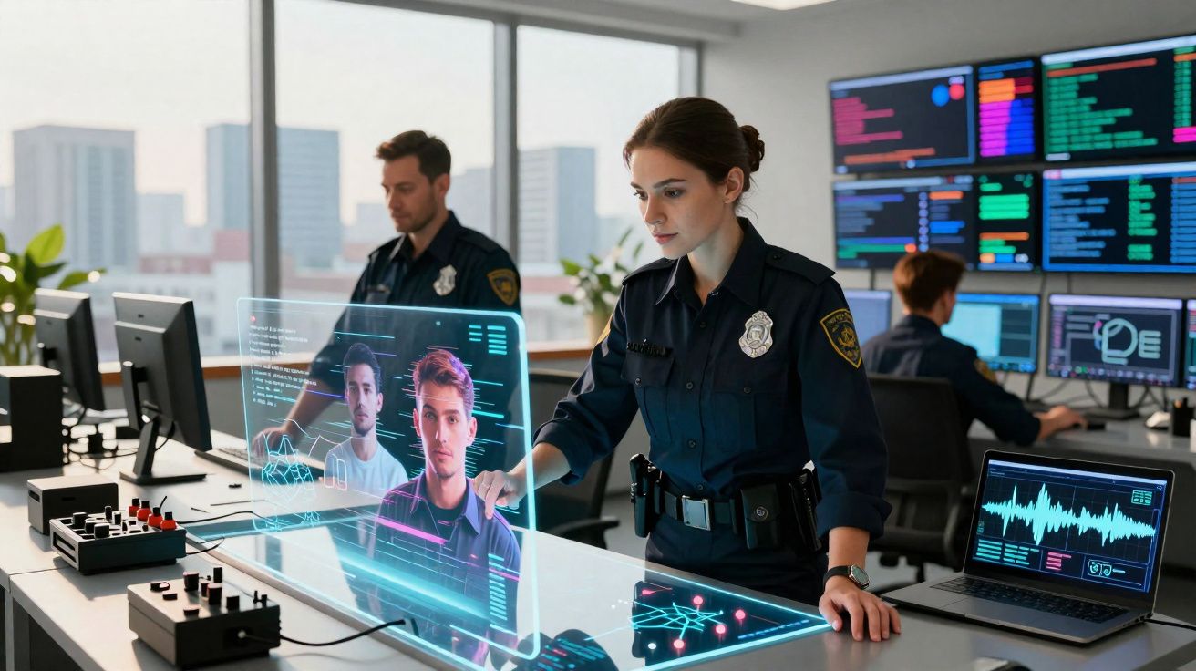 Polícia feminina a analisar dados virtuais em ecrã holográfico numa sala de operações modernas.