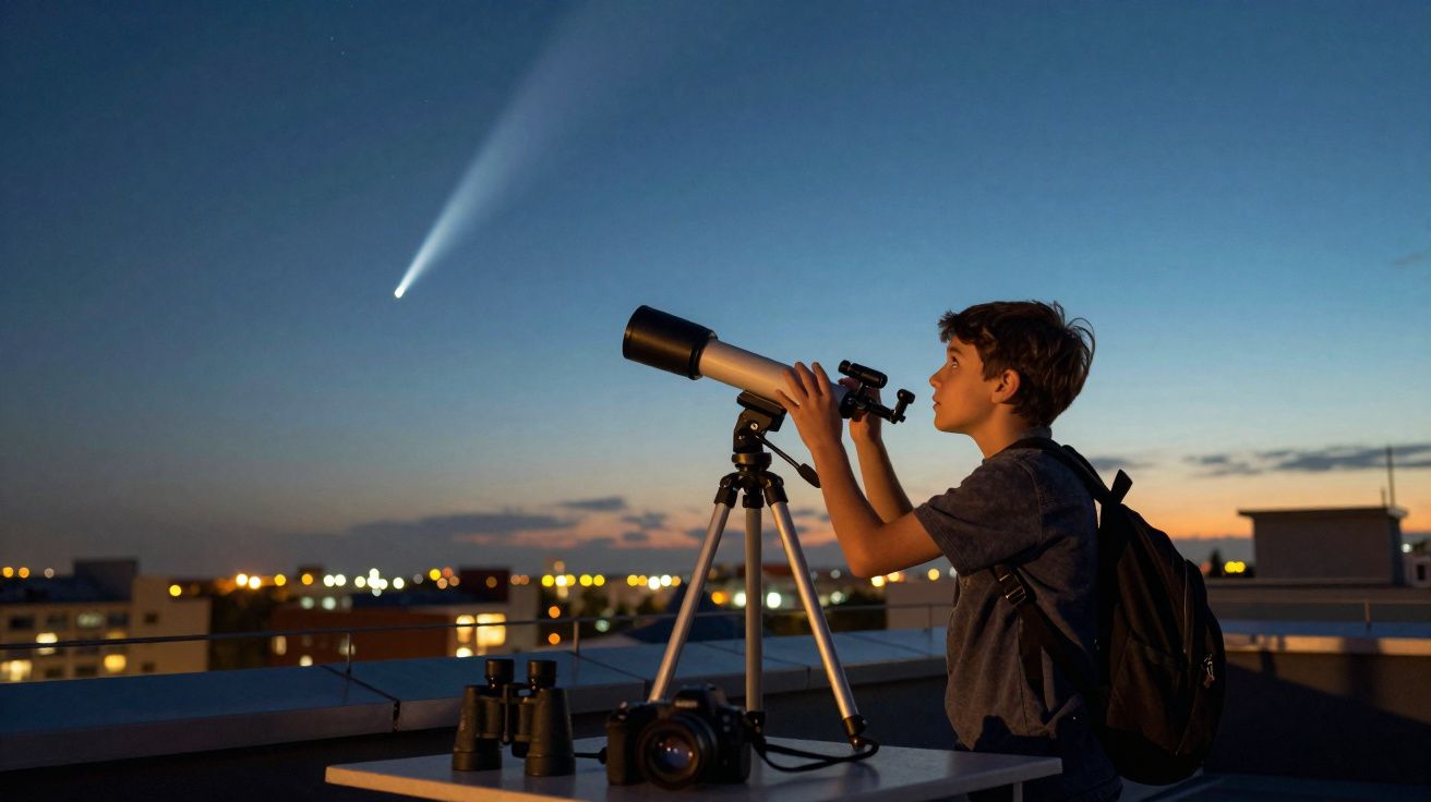 Criança observa com telescópio um cometa visível no céu ao anoitecer numa cidade.