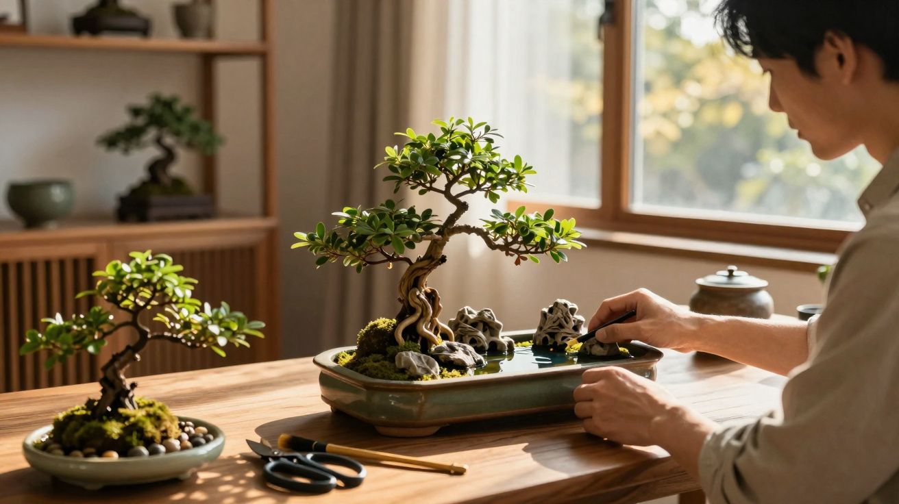 Pessoa a cuidar de bonsai numa mesa de madeira junto a janela com luz natural.