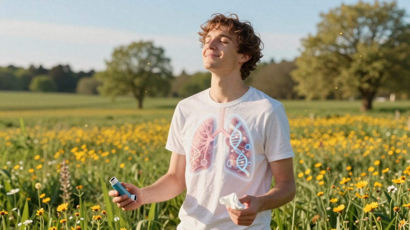 Jovem relaxado num campo florido, com ilustrações digitais de pulmões e ADN no peito, segurando inalador.