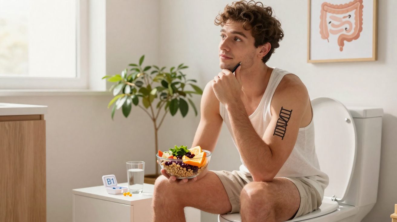 Homem sentado na sanita com tigela de fruta, a pensar, num quarto com plantas e medicamentos.