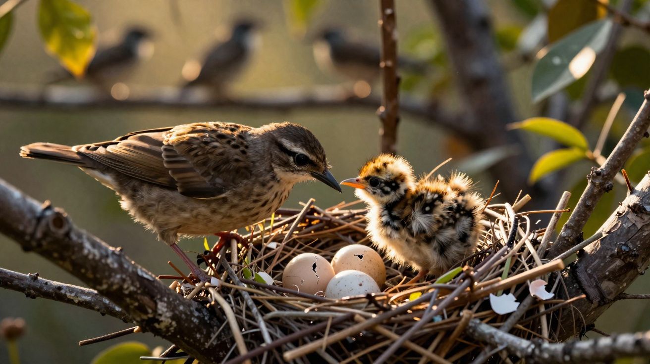 Pássaro adulto alimenta dois filhotes no ninho com ovos parcialmente partidos numa árvore.