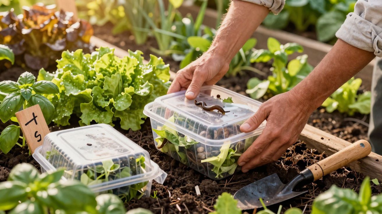 Mãos a colocar caixa plástica com plantas e minhoca na terra de uma horta com alfaces e manjericão.