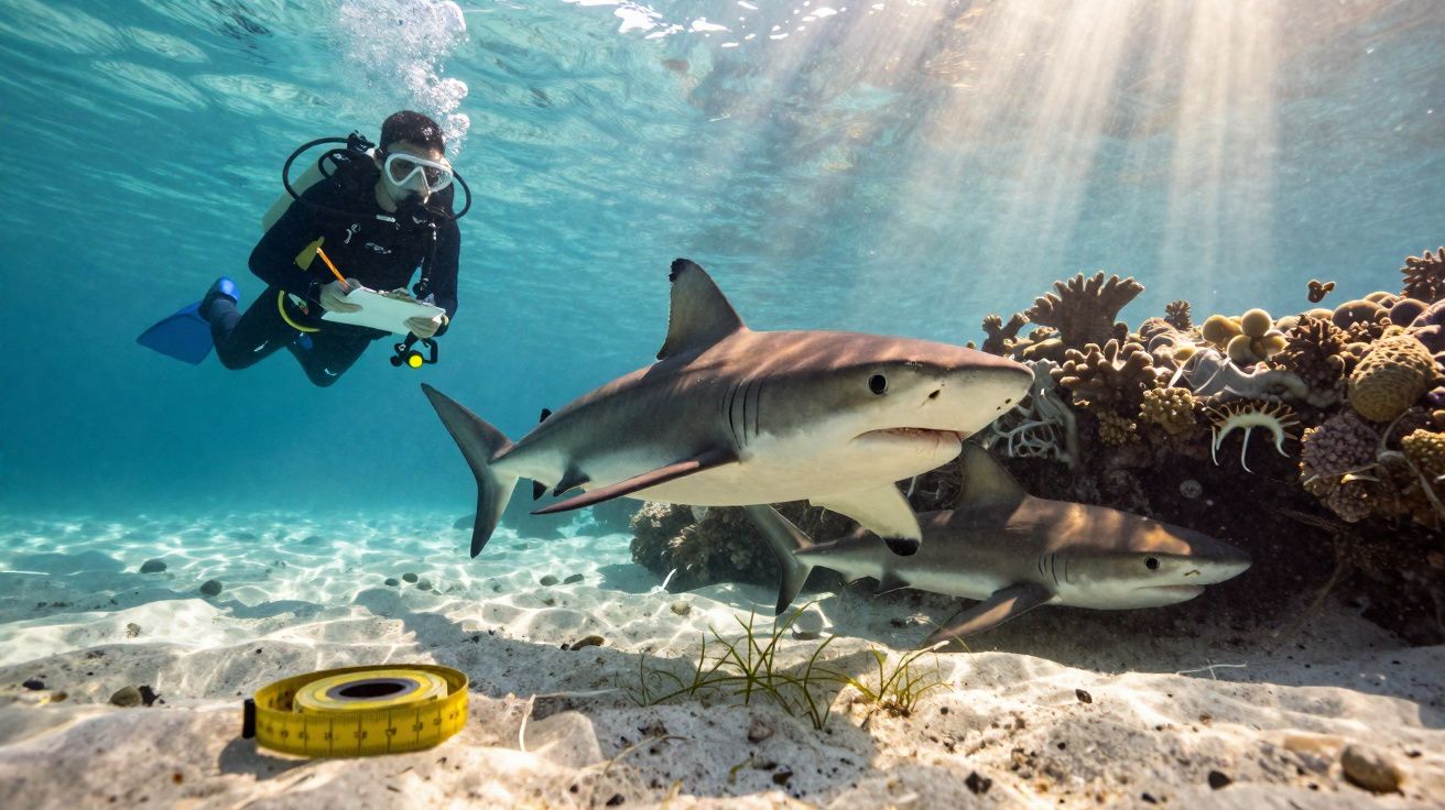 Mergulhador estudando dois tubarões perto de recife coralino com fita métrica sobre o fundo arenoso.