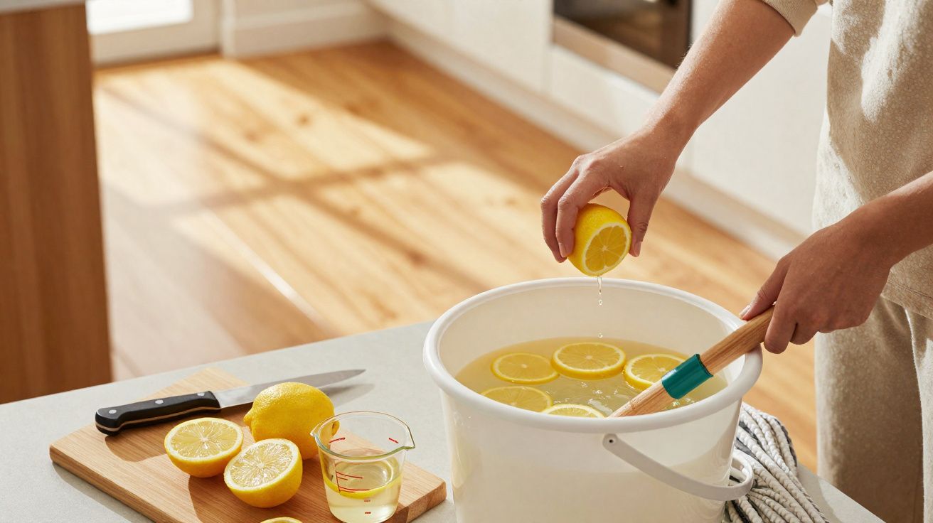 Pessoa a espremer limão dentro de um balde com água e rodelas de limão numa cozinha iluminada.
